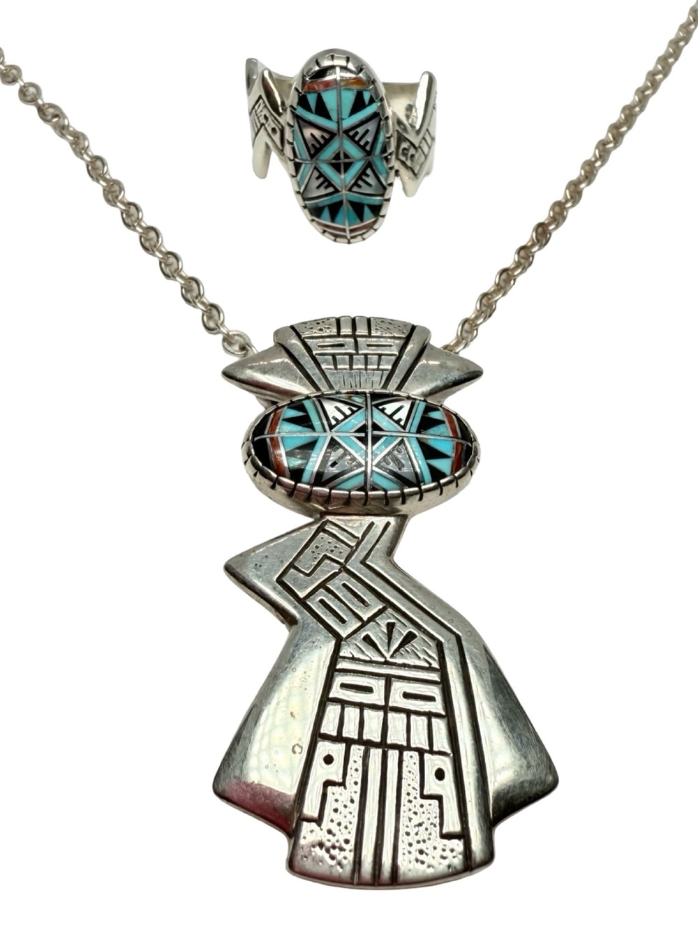 ✨ Stunning Native American Zuni Sterling Silver Inlay Necklace & Ring Set ✨